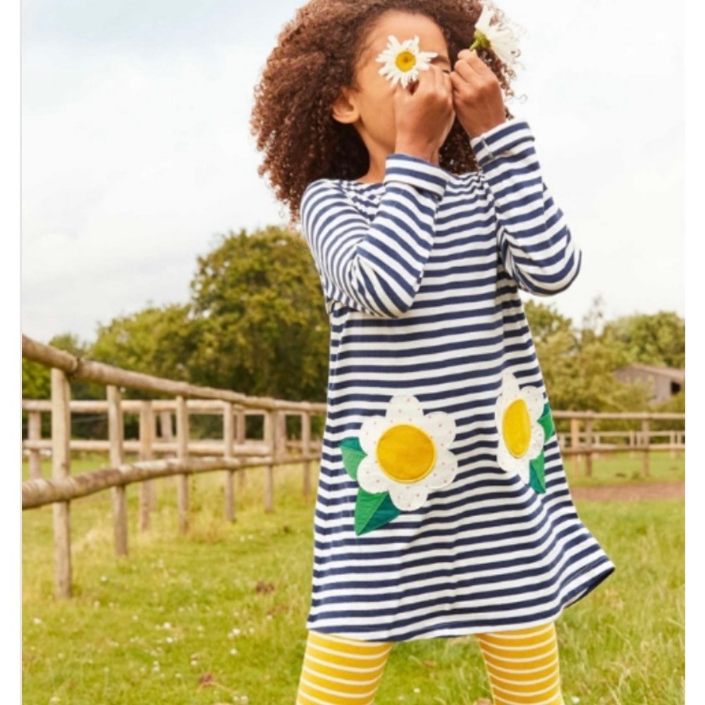 Mini Boden Striped Daisy Pocket Dress 6-7 Years Girls Navy Blue‎ White